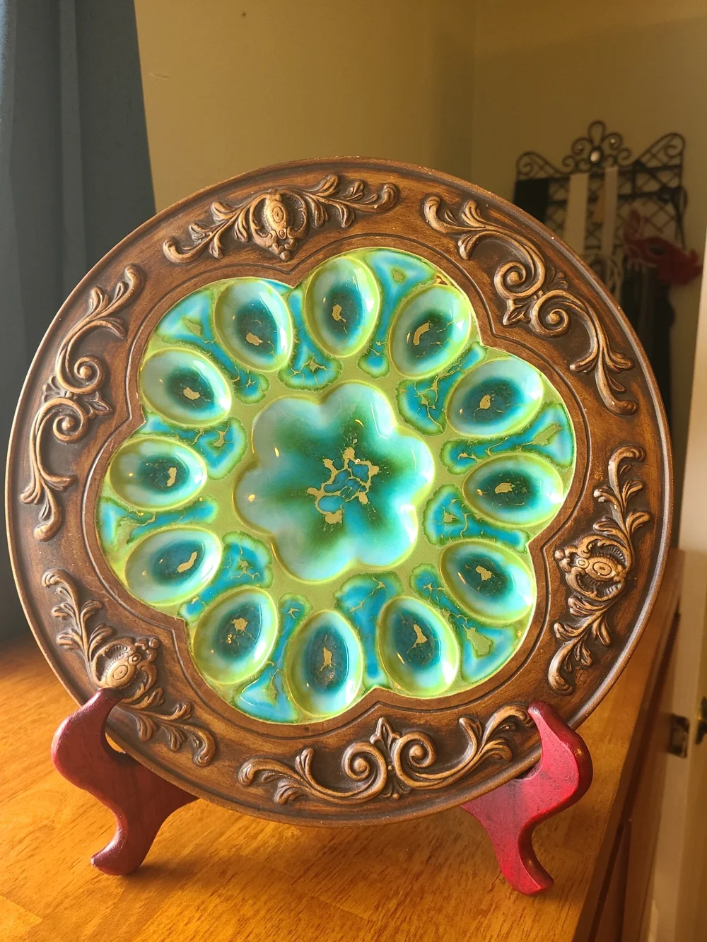 MCM 1960's Treasure Craft Deviled Egg Plate Turquoise Drip Glaze Gold Ceramic